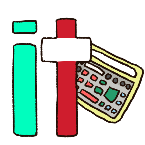 The word 'it' in teal, white, and red, written in large letters and taking up half the symbol. Next to it is a drawing of a light green AAC device. The lines of the device are black and the word are black. 